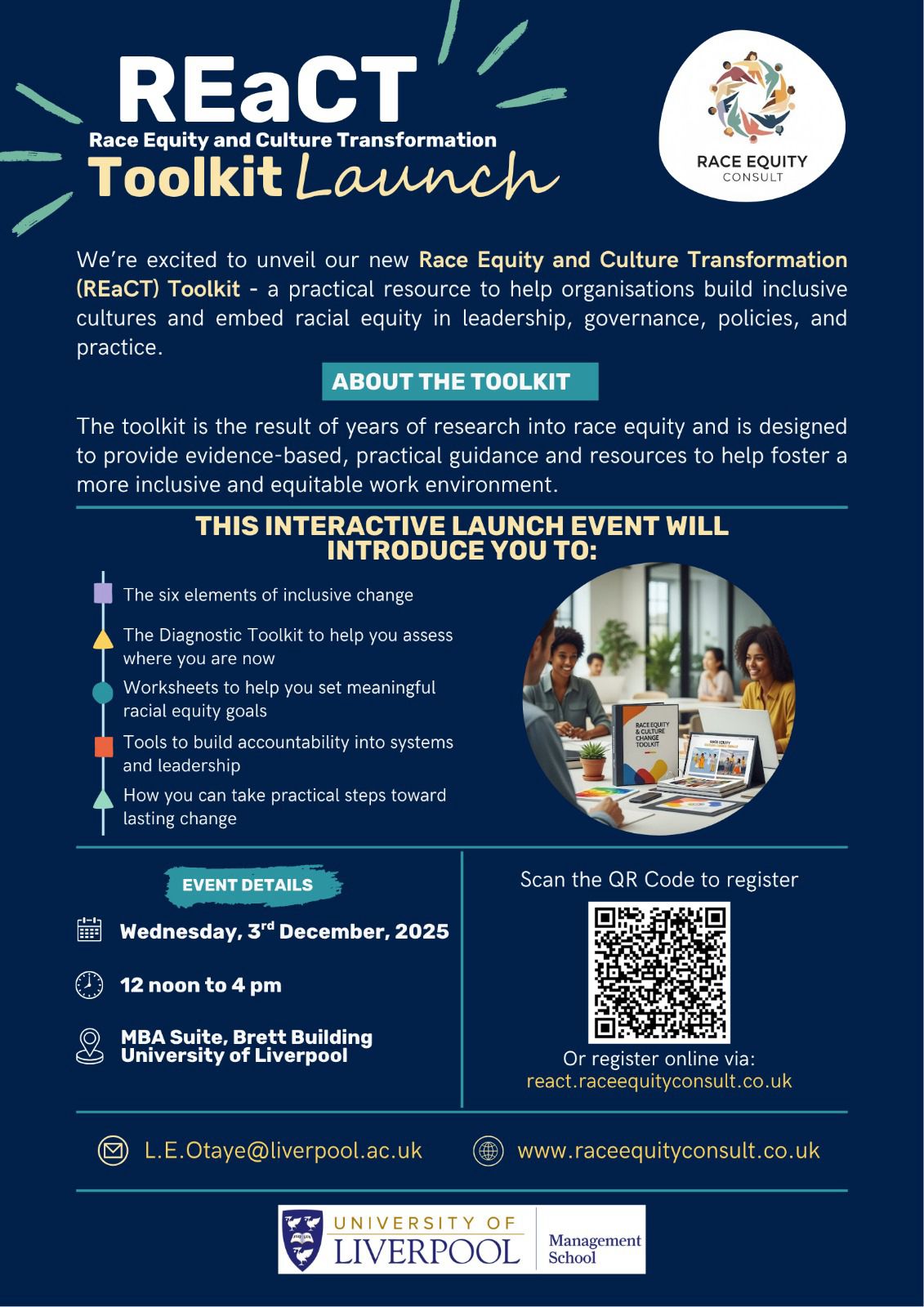 REaCT Toolkit Launch event flyer showing event details, date, time, and location